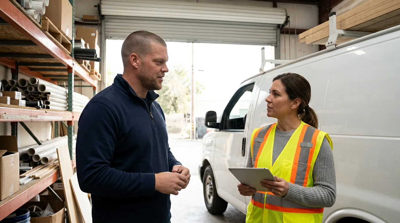 Mike Moore talking with a contractor business owner in a hi-vis vest inside her workshop warehouse