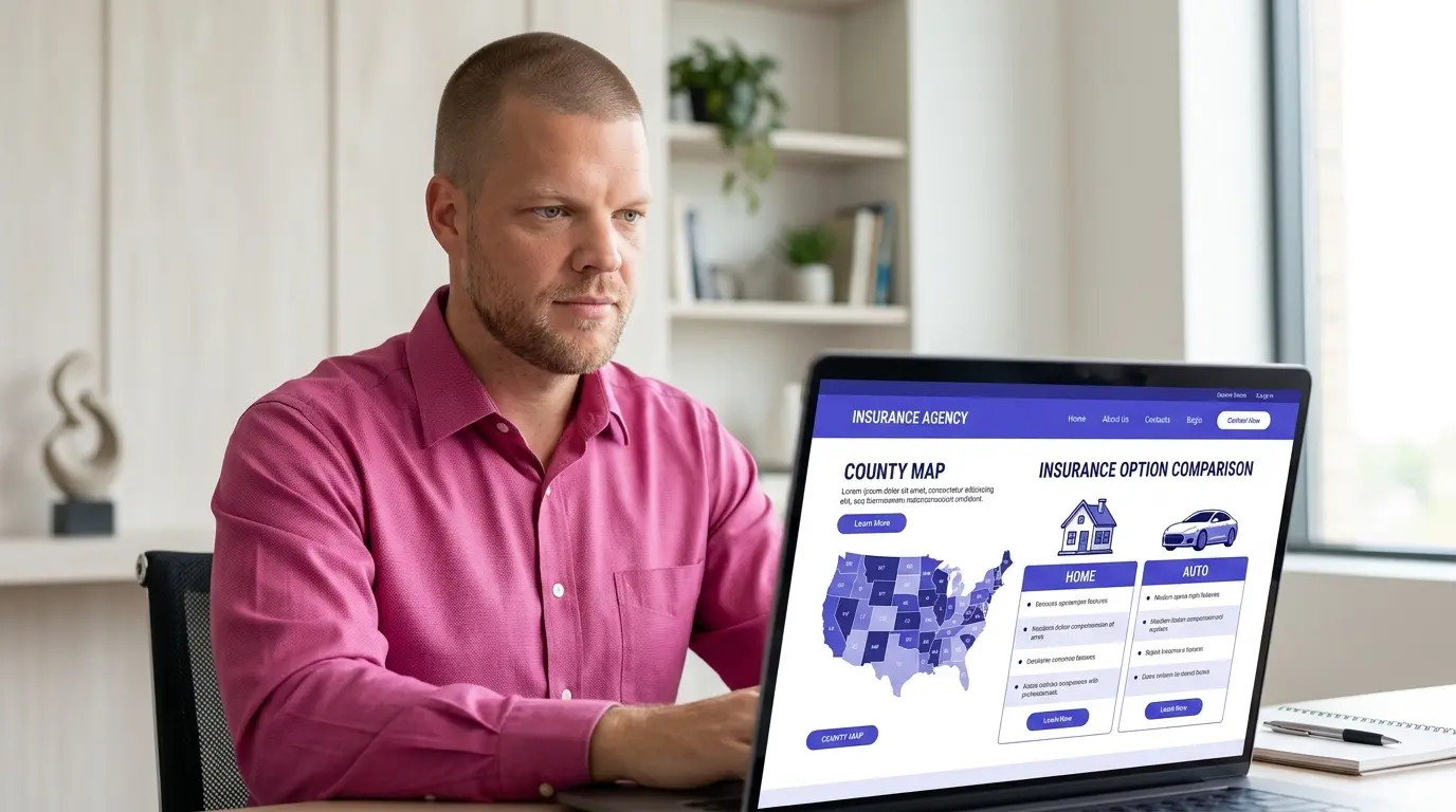 Mike Moore, founder of Strategic AI Architects, at his desk reviewing a home and auto insurance county answer page on a laptop screen