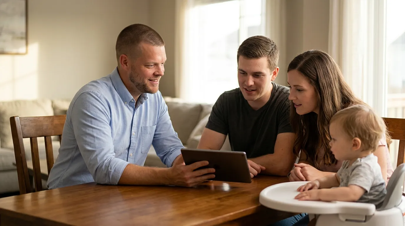 Mike Moore going over a tablet with a young couple and their toddler at the family dining table