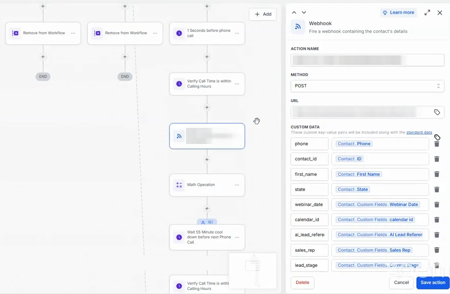 GoHighLevel workflow builder showing an AI outbound caller workflow on the left and a Webhook step on the right. The Custom Data section lists phone, contact_id, first_name, state, webinar_date, calendar_id, ai_lead_reference, sales_rep and lead_stage, each matched to a contact field. The step name and webhook address are blurred.