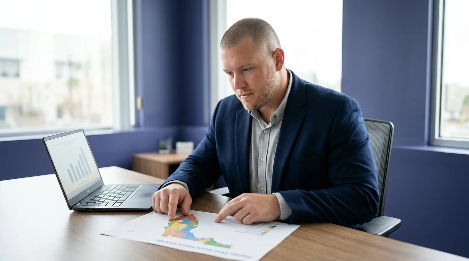 Mike Moore, founder of Strategic AI Architects, reviewing a color coded map of Florida Medicare Advantage enrollment next to a laptop showing a bar chart, at a desk in a modern indigo toned office