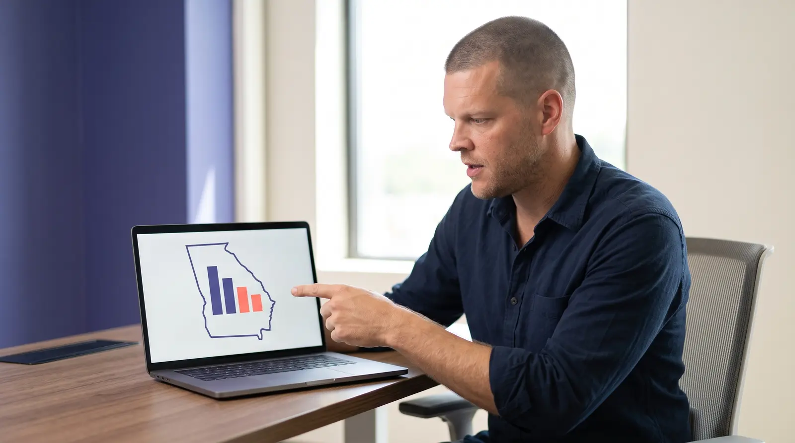 Mike Moore, founder of Strategic AI Architects, pointing at a laptop screen showing a Georgia map and a declining enrollment chart, at a desk in a modern indigo toned office