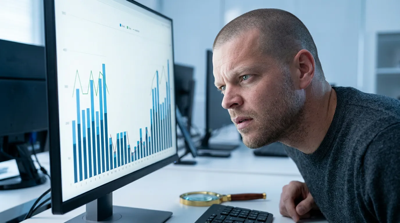 Mike Moore squinting at an analytics chart with a blank gap where AI search traffic should be, a magnifying glass on the desk