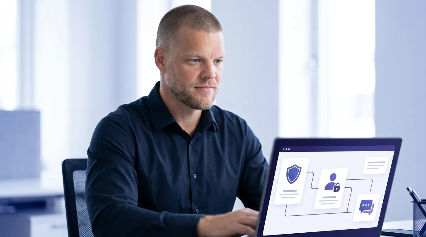 Mike Moore, founder of Strategic AI Architects, at his desk looking at a laptop screen showing an abstract diagram of a shield, a masked client identity icon with a padlock, and a chat icon connected in a data flow
