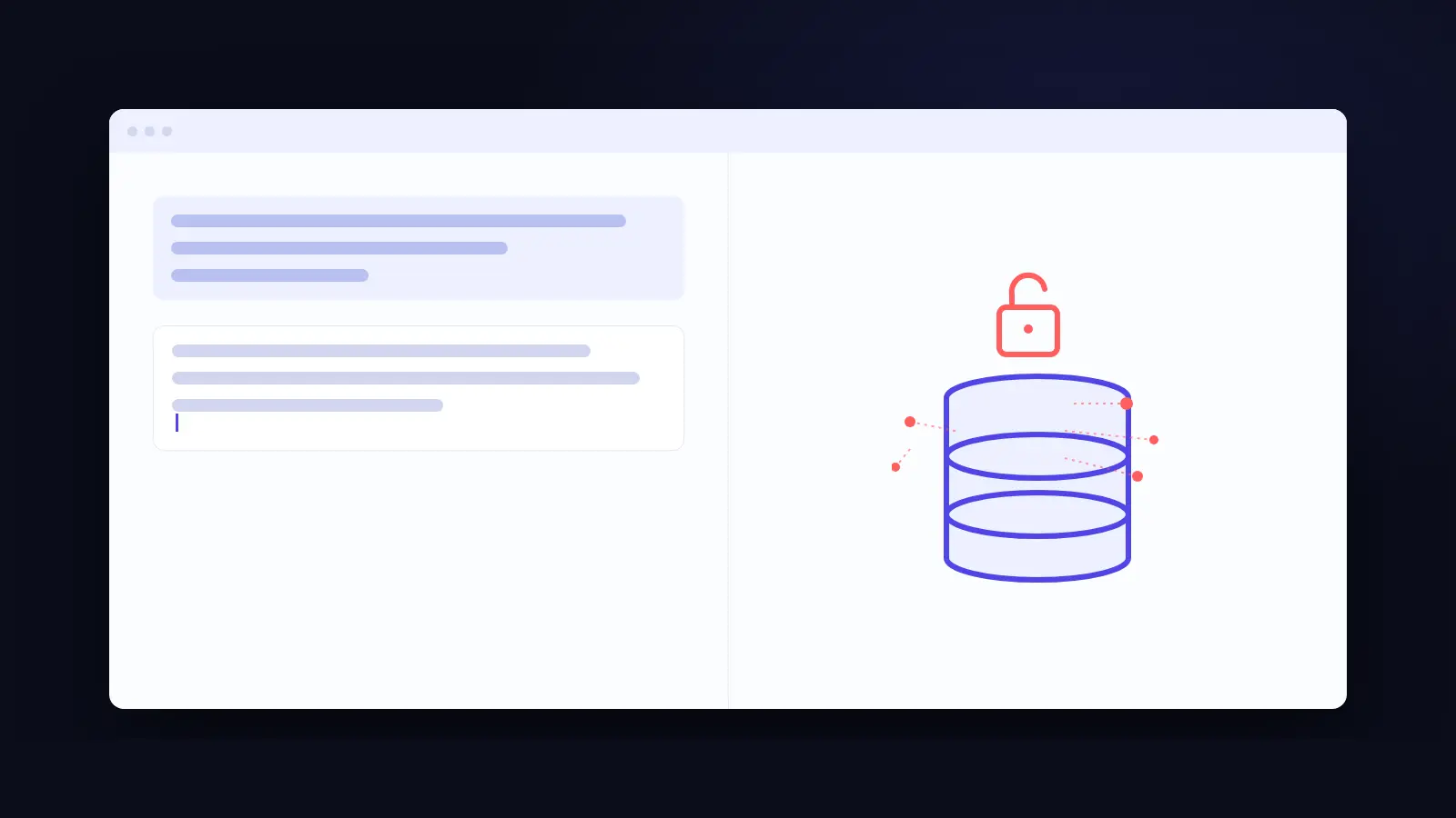 Editorial illustration of a chat prompt window next to an unlocked padlock above an open database, with data points leaking out, representing an AI generated app with no access controls