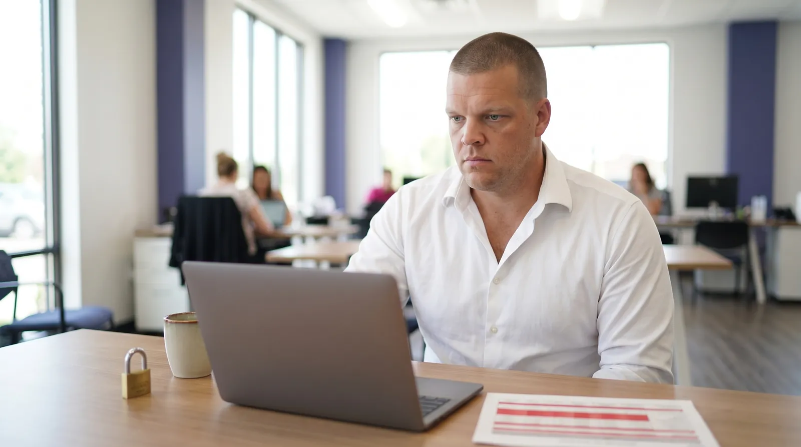 Mike Moore, founder of Strategic AI Architects, reviewing an agency website security report at a laptop, with a padlock and a printed list of flagged plugin updates on the desk
