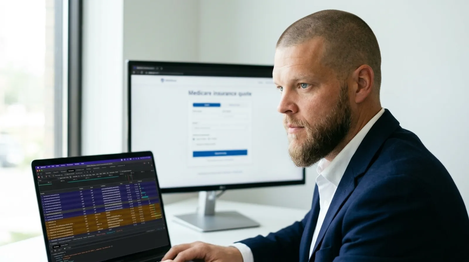 An insurance agency founder with closely buzzed short hair and light stubble sits at a bright office desk, looking closely at a laptop screen displaying a browser developer tools network panel with several tracking requests highlighted in indigo and amber, a second monitor in the soft background shows a simple webpage with a Medicare quote form, representing an agency owner auditing his own website's tracking tags for health data exposure
